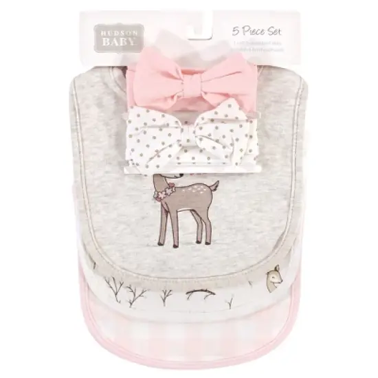 Hudson Baby Infant Girl Cotton Bib and Headband Set 5pk, Enchanted Forest, One Size image {1}