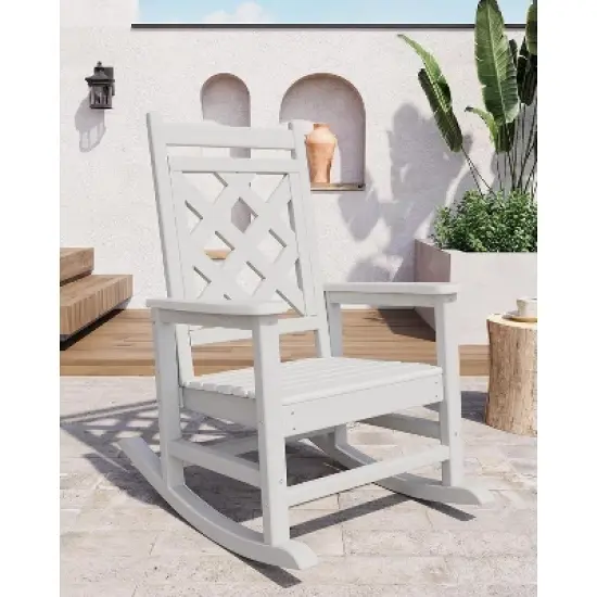 Outdoor Adirondack Rocking Chair, All Weather HDPE Fire Pit Chair with Wide Back, 380LB Weight Capacity Outdoor Lounger Rocking Fire Pit Chair White image {7}
