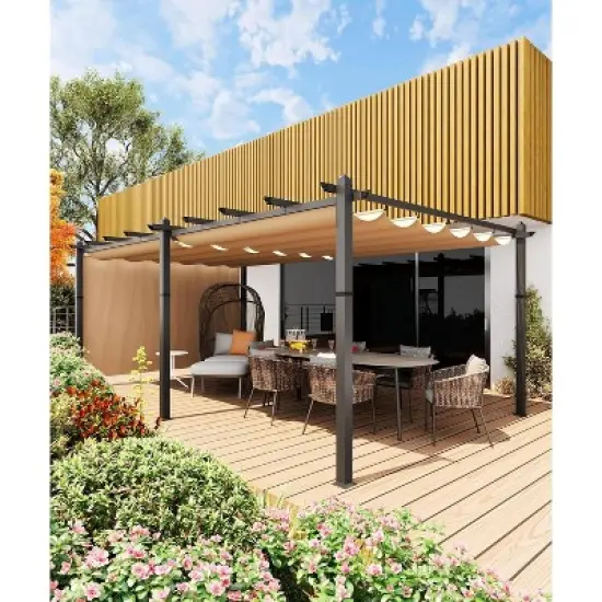 12x20ft Extra Large Aluminum Pergola with Adjustable Canopy, 4-Side Anchoring, Khaki Frame & Curtains, UV & Water Resistant image {7}