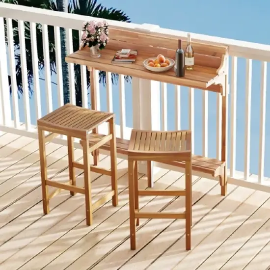 Tangkula 6 PCS Acacia Wood Balcony Table Set w/ Shelf Footrest Curved Wood Seat image {2}