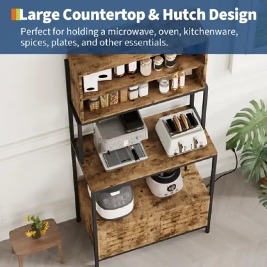 5-Tier Bakers Rack with Power Outlet, 67.7'' Microwave Stand with Storage Cabinet & Open Shelves image {2}