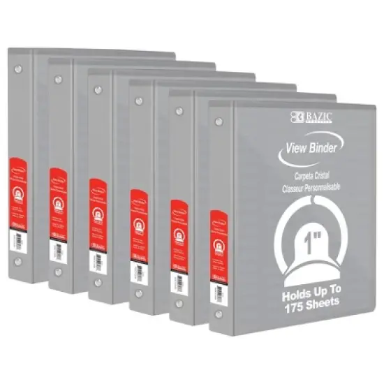 BAZIC Products 3-Ring View Binder with 2 Pockets, 1", Gray, Pack of 6 image {7}