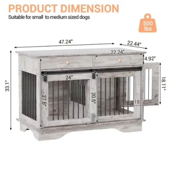 COZONY 47" Dog Crate Furniture with Barn Door & Storage Drawers, Heavy Duty Wooden Dog Kennel End Table with Removable Divider for Indoor Use image {1}