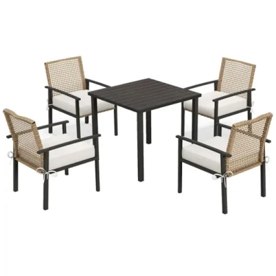 Outsunny 5 Piece Indoor Outdoor Wicker Dining Set, Patio Furniture Metal Table and Chairs with Soft Cushions, Beige image {3}