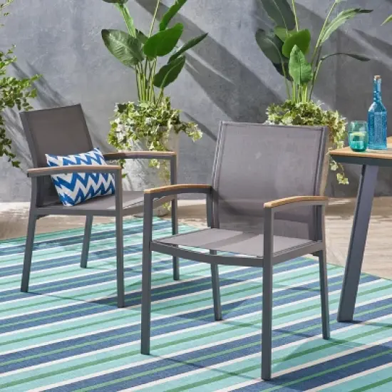 Christopher Knight Home Luton Outdoor Aluminum and Mesh Dining Chairs with Faux Wood Accents image {6}