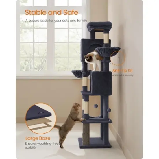 Feandrea Cat Tree, 69-Inch Tall Cat Tower for Indoor Cats, Multi-Level Cat Condo with 2 Caves, 2 Baskets, 5 Scratching Posts, Self-Groomer image {6}