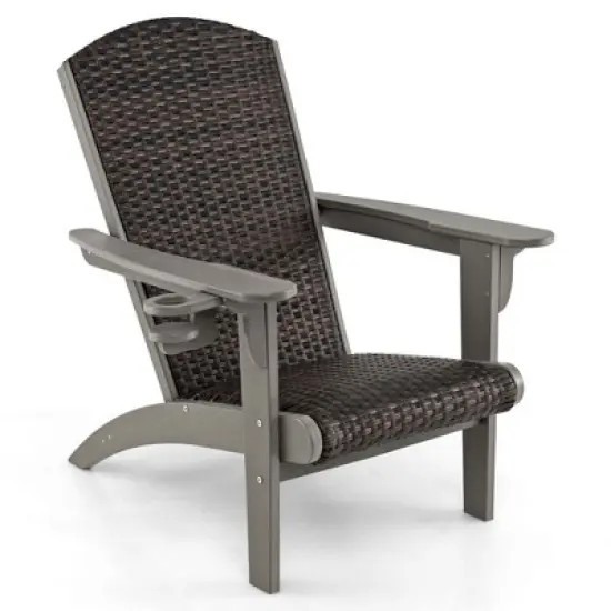 Costway Patio Adirondack Chair with Rattan Padded Seat Wide Armrests & Hidden Cupholder Black/Brown/Gray/White image {11}