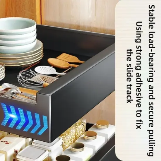 Expandable Carbon Steel Pull Out Cabinet Organizer, Slide Out Drawer with Adhesive for Kitchen, Pantry, Bathroom Vanity image {3}