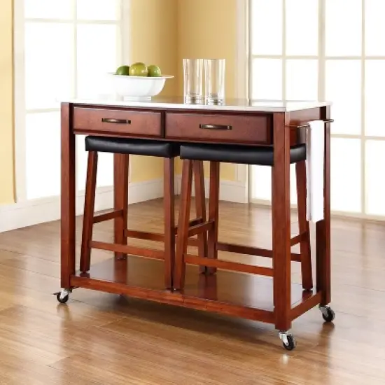Stainless Steel Top Kitchen Prep Cart with 2 Upholstered Saddle Stools Cherry - Crosley image {2}