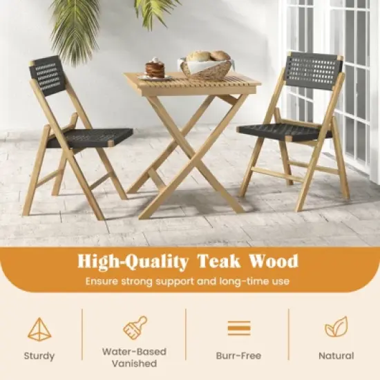 Tangkula 2PCS Folding Chairs w/ Woven Rope Seat & High Back Indonesia Teak Patio image {1}