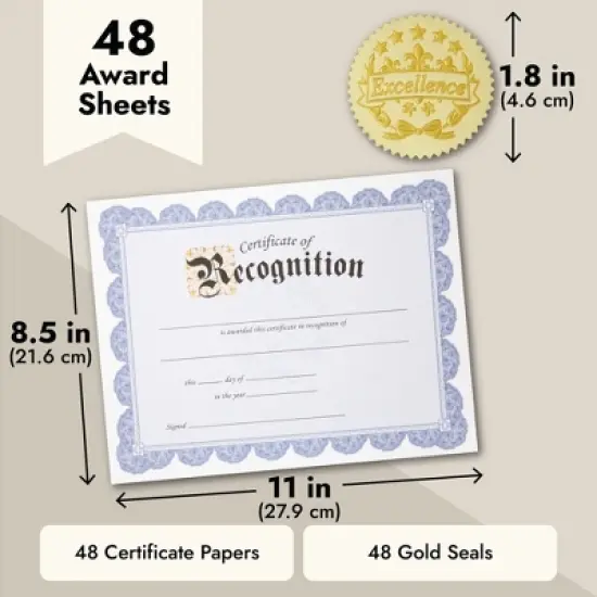 Best Paper Greetings 48 Sheets Blue Certificate of Recognition Award Paper w/ Gold Foil Sticker for Graduation, Achievements, 8.5 x 11 In image {4}