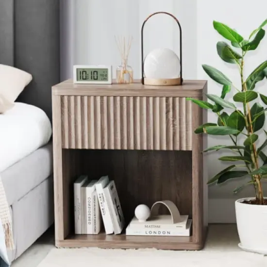 Stand Set of 2, Modern Farmhouse Nightstand, Fluted Nightstand with Drawer Storage, Mid Century Wood Bedside Table for Bedroom Living Room Sofa Office image {6}
