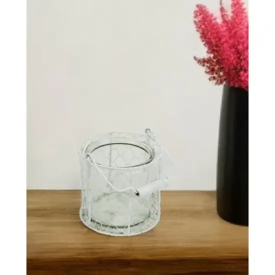 HomeRoots 5" White Metal Tabletop Lantern Candle Holder image {1}
