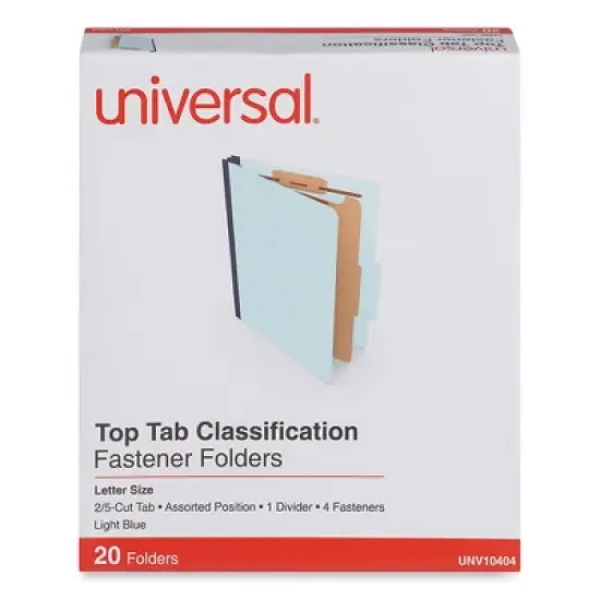 Universal Four-Section Pressboard Classification Folders, 1.75" Expansion, 1 Divider, 4 Fasteners, Letter Size, Light Blue, 20/Box image {4}