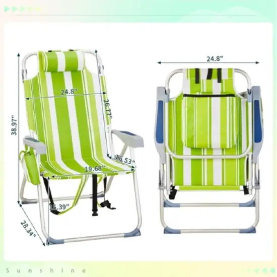 FURNIinspire Outdoor Portable Chair Adjustable Back with Storage Pockets for Comfort and Relaxation, Green Stripes, 24.8"*27.56"*38.98" image {2}