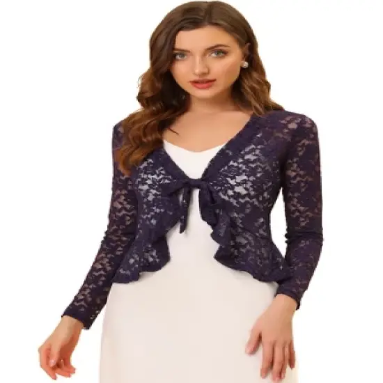Allegra K Women's Tie Front Crop Cardigan Ruffled Hem Floral Lace Sheer Shrug Top image {9}