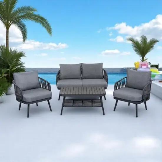 4-Piece Outdoor Conversation Set with Woven Rope U-Shaped Backrest, Acacia Wood Coffee Table, Water-Repellent Cushions image {15}