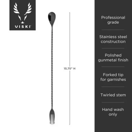 Viski Trident Barspoon with Full Twisted Stem Handle | Cocktail Spoon, Bartender Tool for Mixing Glasses, Swizzle Stick, Gunmetal Finish image {2}