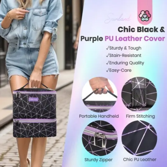 SAVILAND Pro Nail Tech Organizer - PU Leather Case w/30 Polish & Lamp Storage Salon-to-Go.(Black) image {4}