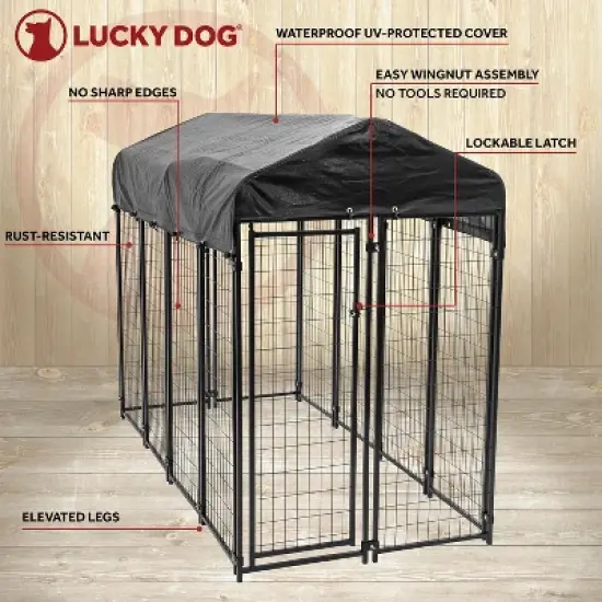 Lucky Dog 8' x 4' x 6' Uptown Large Outdoor Kennel Secure Welded Wire Fenced Playpen Crate with Waterproof Cover for Medium or Large Dogs, Black image {3}