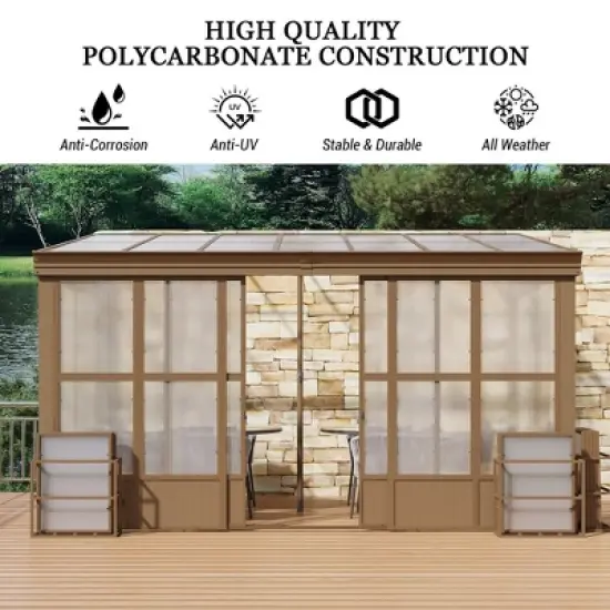 Mondawe Lean to Sunroom 10x14FT, Wall Mounted Solarium with Sloping Polycarbonate Roof, Detachable Screens and 2 Lockable Sliding Doors image {7}