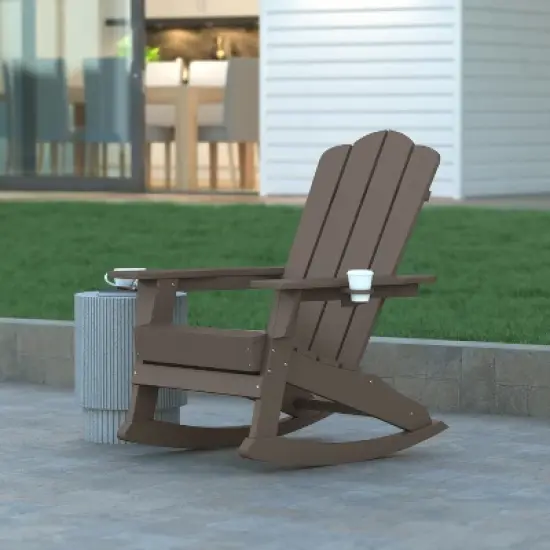 Emma and Oliver Adirondack Rocking Chair with Cup Holder, Weather Resistant HDPE Adirondack Rocking Chair in Brown image {1}