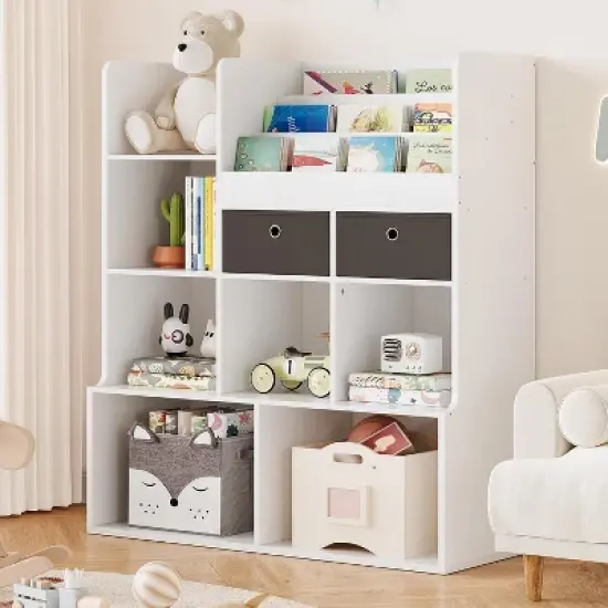 47.8in Kids Bookshelf with Drawers Wooden Toy Storage Organizer Modern Bookcase with Cubbies White Toy Chest Playroom, Classroom image {7}