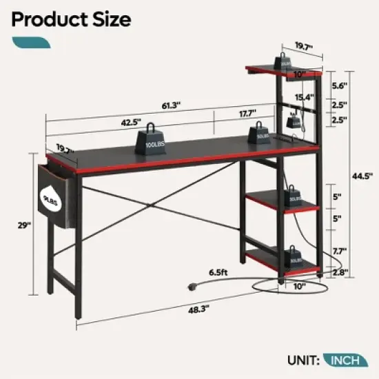 Bestier 61" Reversible Gaming Computer Desk with Power Outlet LED Desk with 4 Tier Shelves image {3}