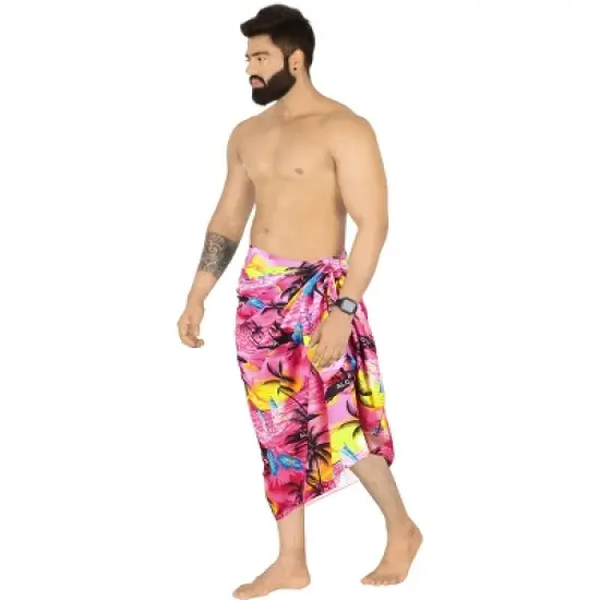 LA LEELA Men's Sarong Swim Bath Pareo Aloha Wraps One Size Pink Palm Tree image {2}