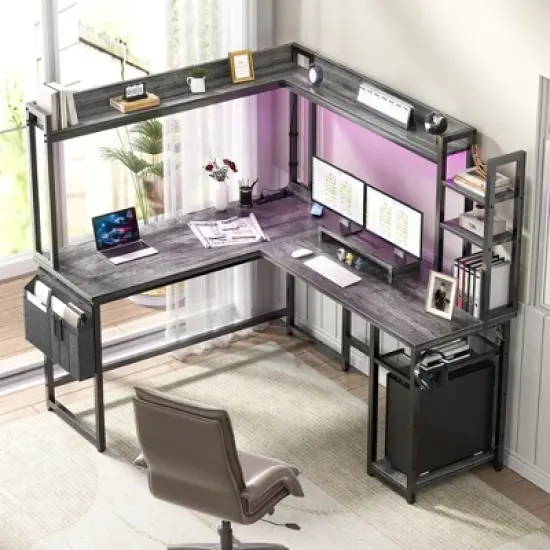 Aheaplus Reversible L-Shaped Computer Desk with Storage Shelf, Home Office Desk with Charging Station, Led Light image {10}