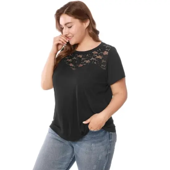 Agnes Orinda Women's Plus Size Lace Insert Short Sleeves Round Neck T-shirts image {6}