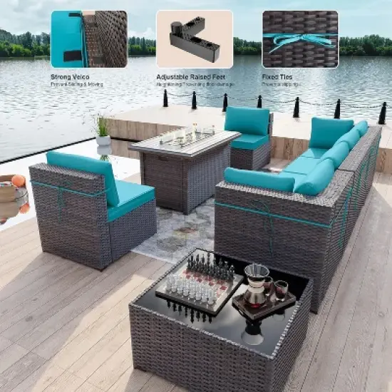 ALAULM 8 Pieces Outdoor Patio Furniture Set with 43" Gas Propane Fire Pit Table PE Wicker Rattan Sectional Sofa image {6}