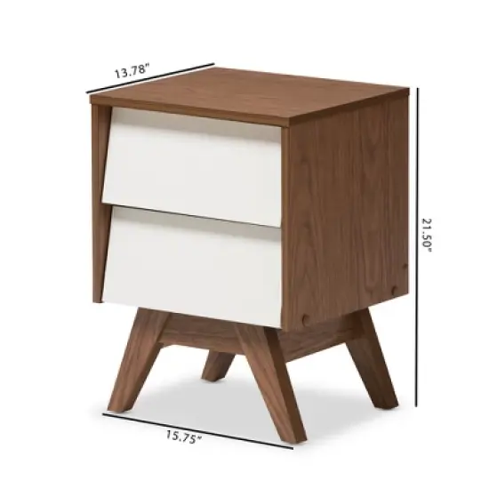 Hildon Mid - Century Modern Wood 2 - Drawer Storage Nightstand - White, "Walnut" Brown - Baxton Studio image {4}