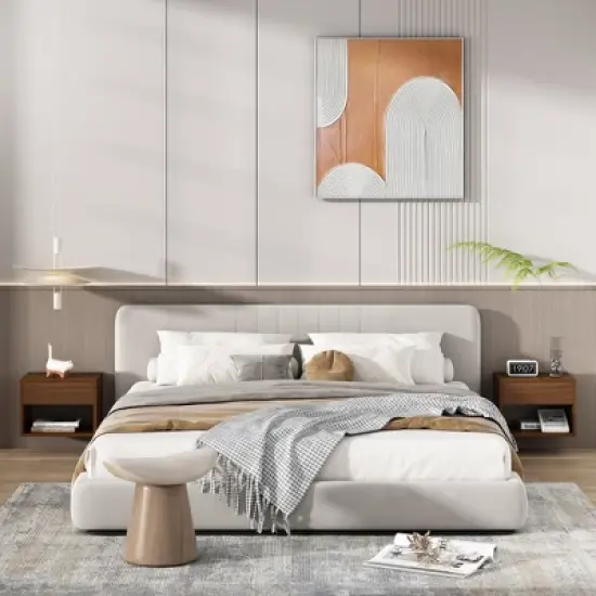 Sandinrayli Nightstands Set of 2, Night Stand with Drawer, Floating Nightstand with Open Storage Shelf, Wall Mounted Wood Bedside Tables, Brown Walnut image {2}