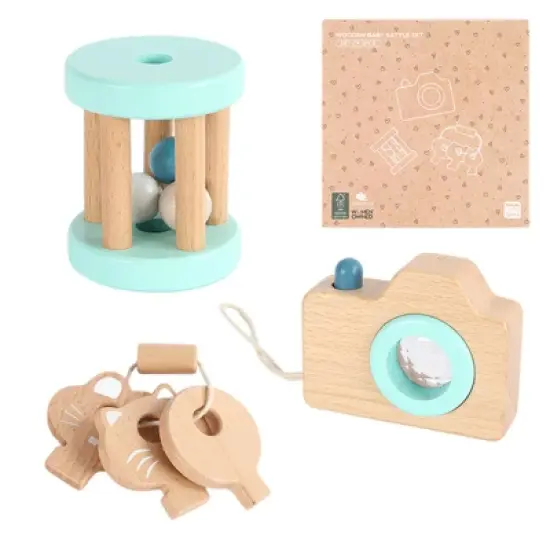 Freniland&trade; - 3 PCs Wooden Baby Rattle Toy Set for 10 Months+, Beech Wood Teether & Pretend Camera Toy, Safe & Educational Gift Set (Mint Green) image {5}