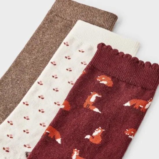 Women's Foxes Scallop Cuff 3pk Crew Socks - A New Day&trade; Burgundy/Brown Heather/Ivory 4-10 image {2}