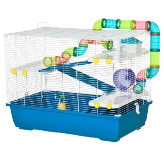 PawHut Extra Large 31" Hamster Cage with Tubes Tunnels, Portable Carry Handles, Rat House 4-Tier Design, with Wheel, Water Bottle, Food Dish, Blue image {3}