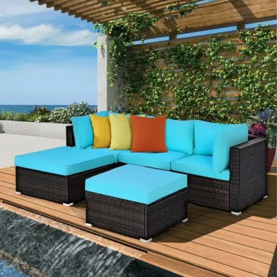 Costway 5PCS Patio Rattan Sectional Conversation Set Ottoman Turquoise image {2}
