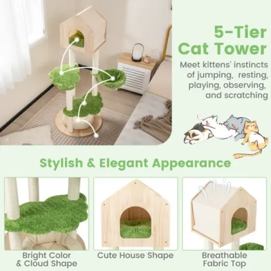 Tangkula Wooden Cat Tree 55" Tall Cat Climbing Stand w/ Sisal Scratching Posts Green image {6}