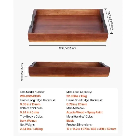 VEVOR Wood Serving Tray, Acacia Wooden Tray Board with Handles, Decorative Rustic Serving Trays Platter, Walnut Wood Color image {7}