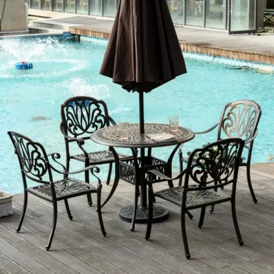 Outsunny Outdoor Furniture Cast Aluminum Dining Set for 4, Round Patio Table and Chairs w/ Umbrella Hole, Stackable Design, Adjustable Feet, Bronze image {2}