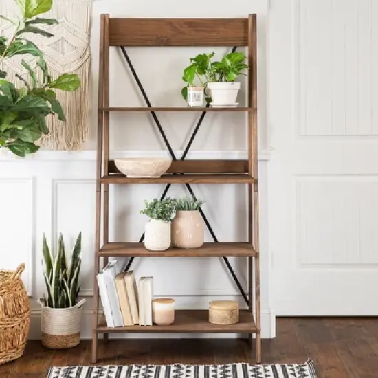 68.25" Boho 4 Tier Solid Wood Ladder Bookshelf Plant Stand - Saracina Home image {1}