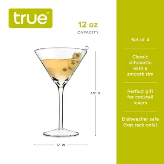 True Manhattan Martini Glass, Crystal Cocktail Coupes, Clear Glass, Cocktail glass set, Dishwasher Safe, Holds 12 oz., Set of 4 image {2}