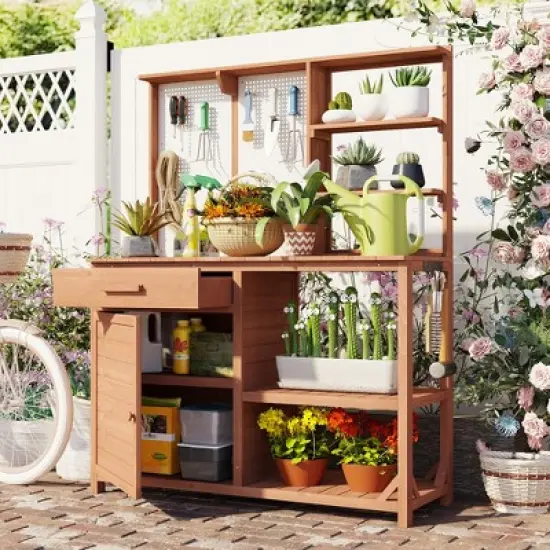 Garden Potting Bench Table Outdoor Patio Workstation with Drawer, Shelves, Cabinet, Pegboard with Hooks, Fir Wood Frame,Natural/White/Brown-ModernLuxe image {16}