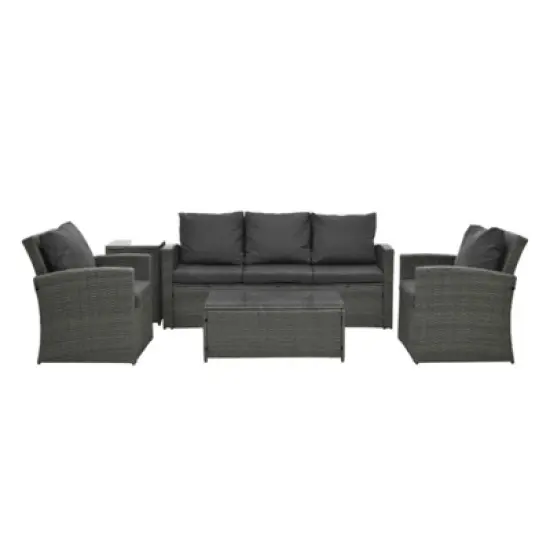 GlasFlength 5PCS Patio Seating Rattan Furniture Set Sectional Sofa Cushioned Garden, Tempered Glass Table, Black, 62.6"*21.65"*10.24" image {5}