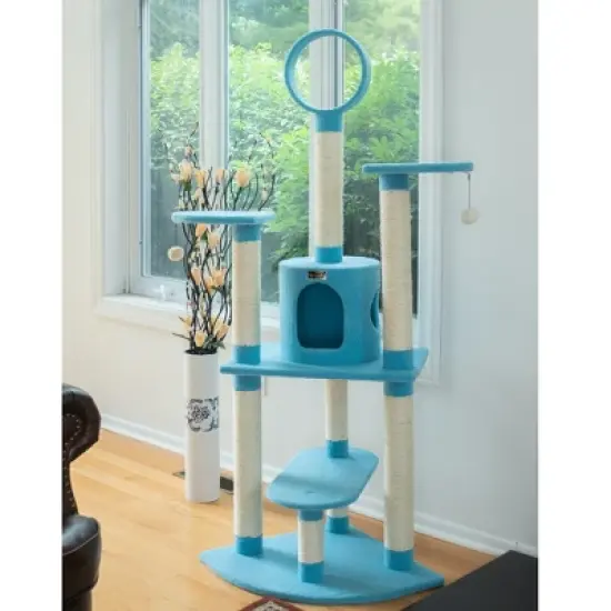 Armarkat B6605 65-Inch Classic Real Wood Cat Tree In Sky Blue, Jackson Galaxy Approved, Five Levels With Perch, Condo, Hanging Tunnel image {2}