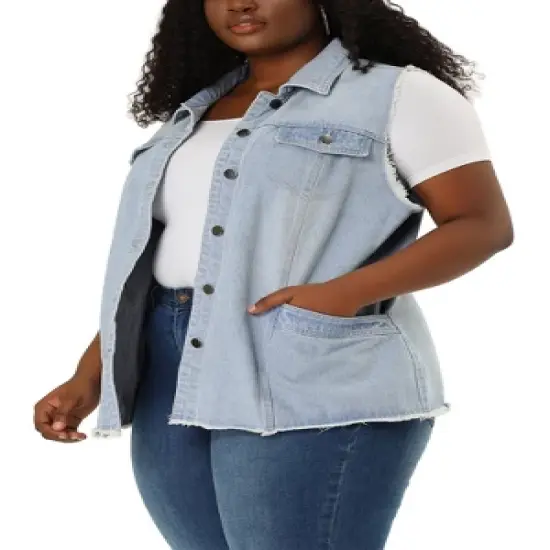 Agnes Orinda Women's Plus Size Denim Button Down Raw Hem Denim Vests image {1}
