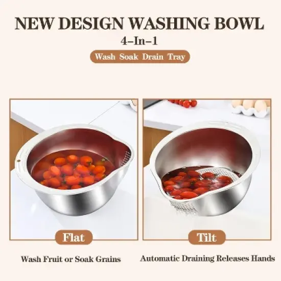 4-in-1 Washing Bowl for Quinoa, Stainless Steel Rinser With Side Drainers Small Colander for Cleaning Fruits, Vegetables image {3}