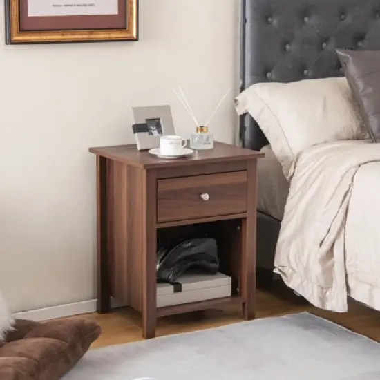 Costway Nightstand Bedside Table with Drawer & Open Shelf for Living Room Bedroom Walnut/Brown image {3}