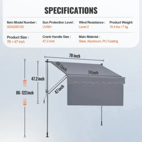 VEVOR Manual Retractable Awning, 78" Outdoor Retractable Patio Awning Sunshade Shelter, Patio Door Window Awning Canopy with 39" Sun Shade Curtain image {7}